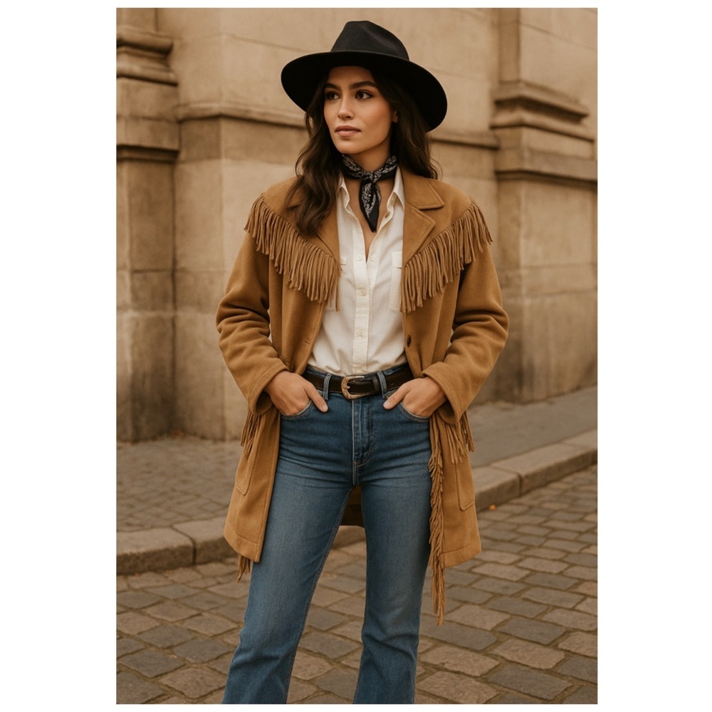 Divine Heritage Camel Wool Fringe Shawl Coat Western Boho Jacket L NWT Cowgirl